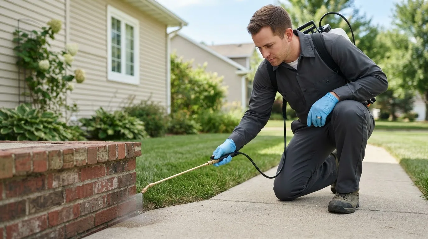 Pest control technician treating a home near Little Compton, RI