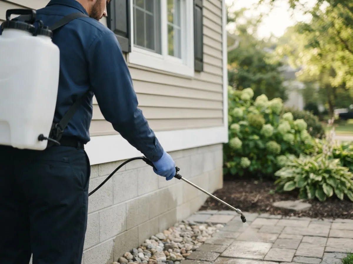 Pest control technician inspecting a home in Little Compton, RI